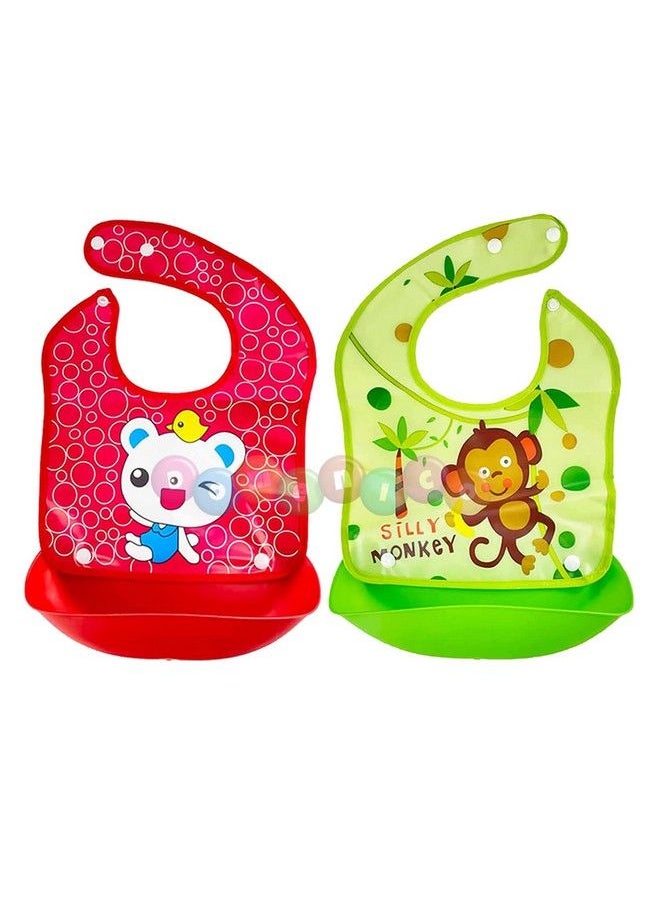 DOMENICO Baby Silicon Bib Apron For Feeding Infants And Toddlers With Detachable Food Catcher Waterproof (Random Colours And Prints) (Pack Of 2)  - Image 3
