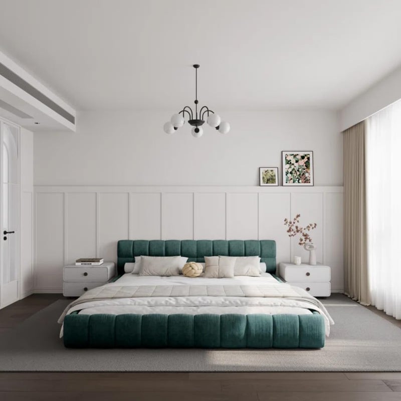 Modern Upholstered Bed Frame with Tufted Headboard - Premium Linen Textured Fabric Platform Bed - Sturdy Wooden Slat Support, No Box Spring Required (Green, Full with Mattress) - Image 2
