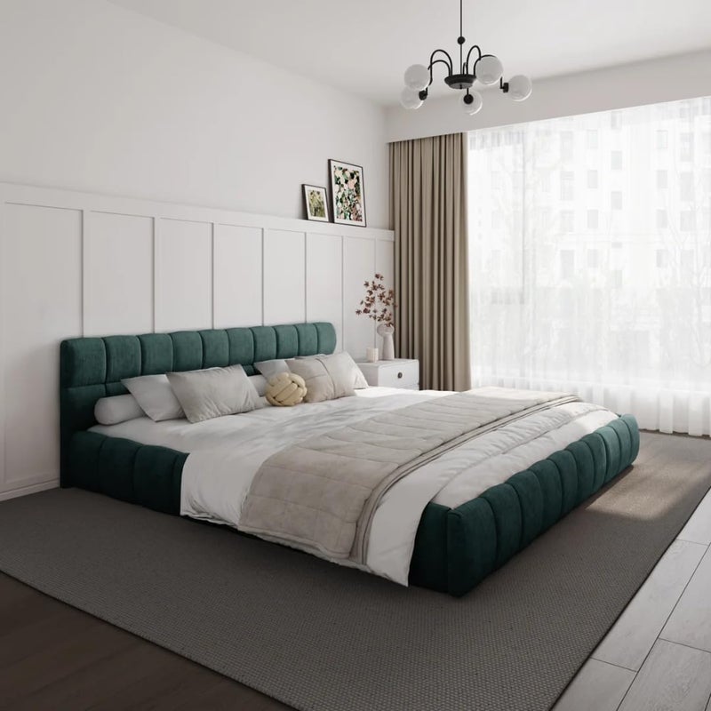 Modern Upholstered Bed Frame with Tufted Headboard - Premium Linen Textured Fabric Platform Bed - Sturdy Wooden Slat Support, No Box Spring Required (Green, Full with Mattress) - Image 1