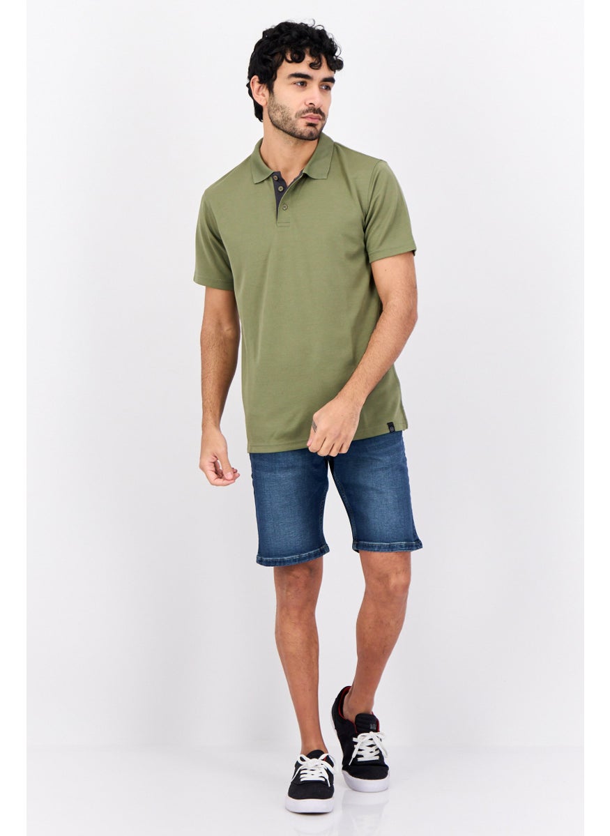 Wrangler - Men Regular Fit Plain Short Sleeves Polo Shirt, Olive - Image 1