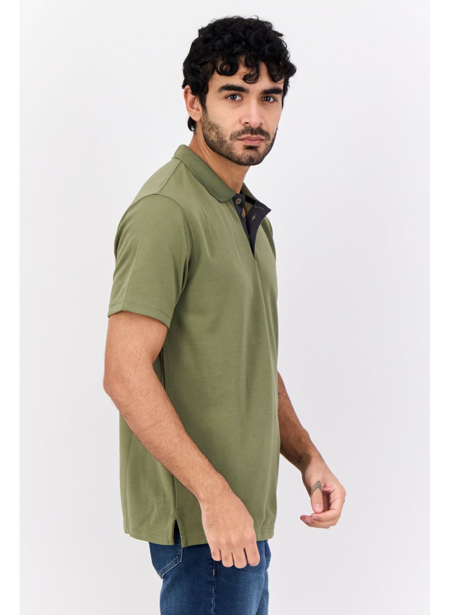 Wrangler - Men Regular Fit Plain Short Sleeves Polo Shirt, Olive - Image 1