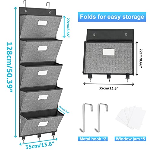 Homyfort Over the Door File Organizer, Hanging File Folders, Wall Organizers and Storage for Mail, Magazine, Notebooks, Planners, Office, Classroom, 5 Extra Large Pockets, 50.39” Tall (Grey with Herringbone) - Image 3