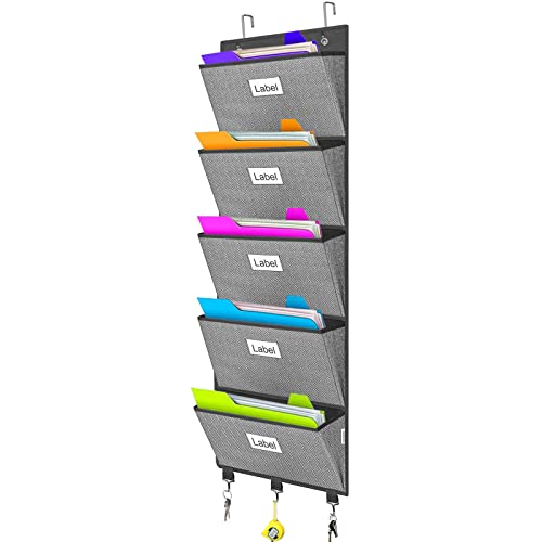 Homyfort Over the Door File Organizer, Hanging File Folders, Wall Organizers and Storage for Mail, Magazine, Notebooks, Planners, Office, Classroom, 5 Extra Large Pockets, 50.39” Tall (Grey with Herringbone) - Image 1