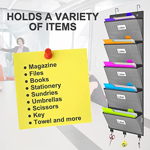 Homyfort Over the Door File Organizer, Hanging File Folders, Wall Organizers and Storage for Mail, Magazine, Notebooks, Planners, Office, Classroom, 5 Extra Large Pockets, 50.39” Tall (Grey with Herringbone) - Image 5