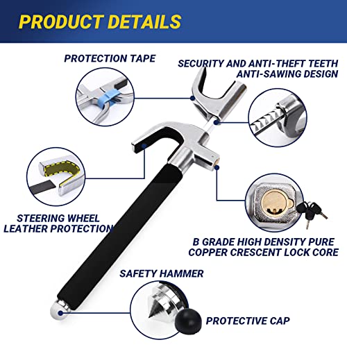 OPSOOPI Car Steering Wheel Lock, Anti Theft Car Device for Car Steering Wheel, Car Security Car Theft Prevention with 3 Keys & Safety Hammer Fit for All Cars (Black) - Image 3