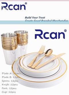 Rcan 72 Pcs Set Gold Upscale Wedding Dining Party Disposable Plastic Cutlery Set Party Supplies Plate Spoon Fork Knife Cup Party Tableware 12 Guest  - Image 1