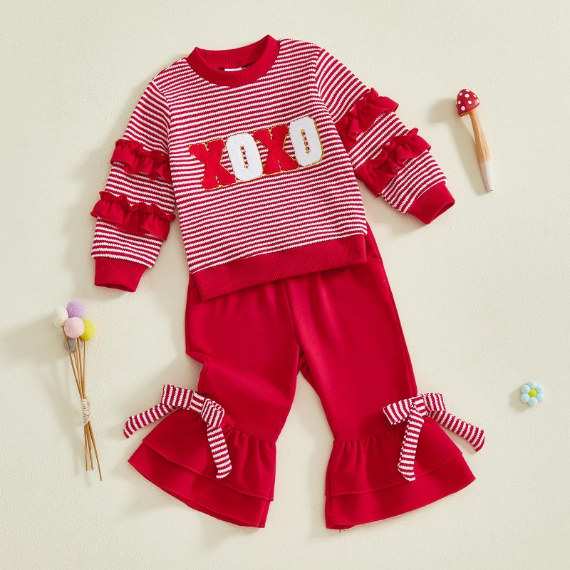 Mieeyali Toddler Girls Valentines Day Outfit Shirt Be Mine Heart Sweatshirt Gingham Bell Bottoms Top Flared Pants Set (Red Xoxo, 3-4T) - Image 4