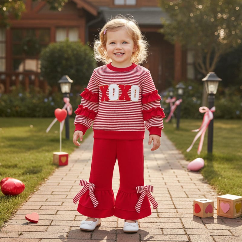 Mieeyali Toddler Girls Valentines Day Outfit Shirt Be Mine Heart Sweatshirt Gingham Bell Bottoms Top Flared Pants Set (Red Xoxo, 3-4T) - Image 3