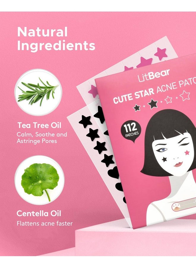 LitBear LitBear Star Pimple Patches, Black & Pink Hydrocolloid Acne Patches with Tea Tree Oil & Centella, Cute Pimple Stickers Zits Patches For Face Blemished Spot Patch Acne Dots, 112 Patches, 14mm & 10mm  - Image 3