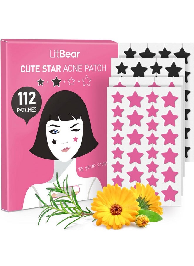 LitBear LitBear Star Pimple Patches, Black & Pink Hydrocolloid Acne Patches with Tea Tree Oil & Centella, Cute Pimple Stickers Zits Patches For Face Blemished Spot Patch Acne Dots, 112 Patches, 14mm & 10mm  - Image 1