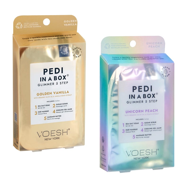 VOESH Pedi in a Box Glimmer  2 Packs Variety Pack Pedi in a Box Spa Pedicure Kit Sparkly Pedicure DIY Pedi Foot Care AtHome Pedi Products Vegan Skincare