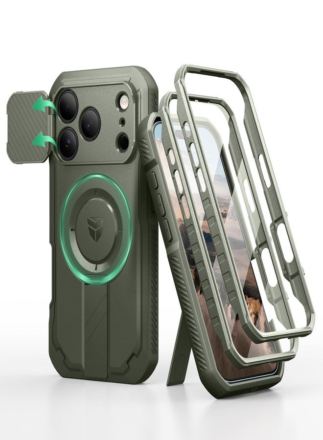 Dexnor for iPhone 17 Pro Case, [2 Front Frame & Built-in Flip Camera Cover & Kickstand], Compatible with MagSafe, Heavy-Duty Shockproof Portection Case with Screen Protector, 6.3 inch Army Green - Image 1