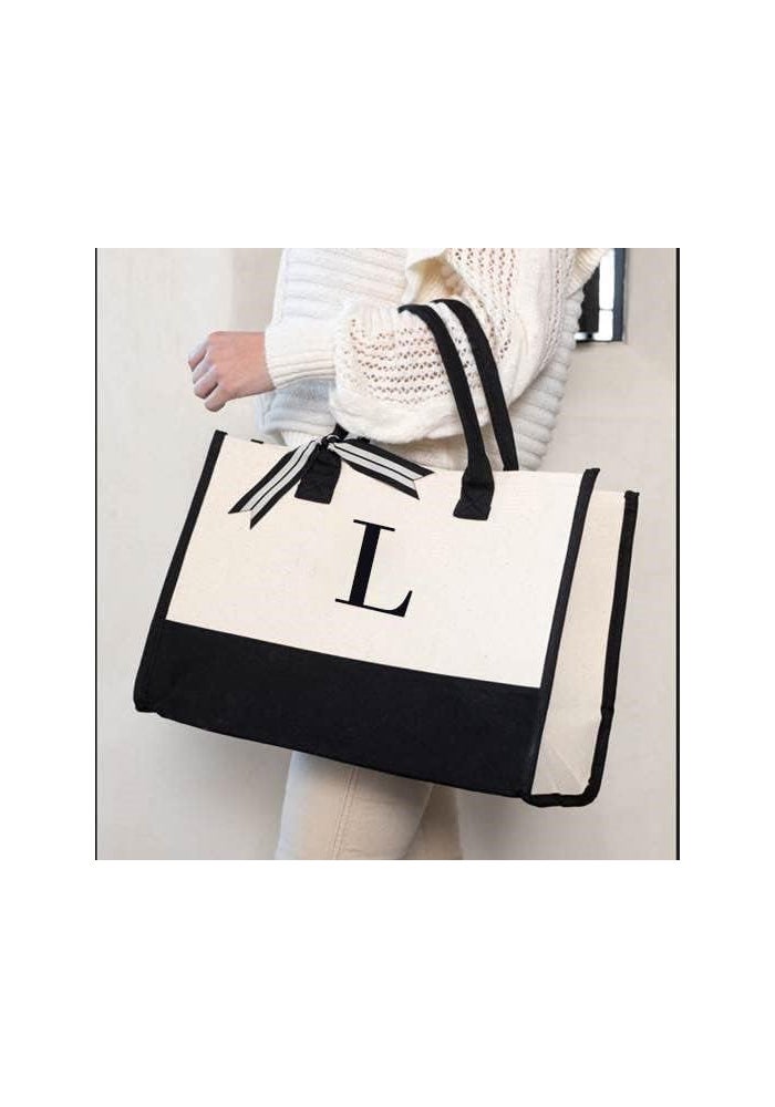 Mud Pie Classic Black and White Initial Canvas Tote Bag (Letter L) - 100% Cotton, 17" x 19" x 2" - Image 3
