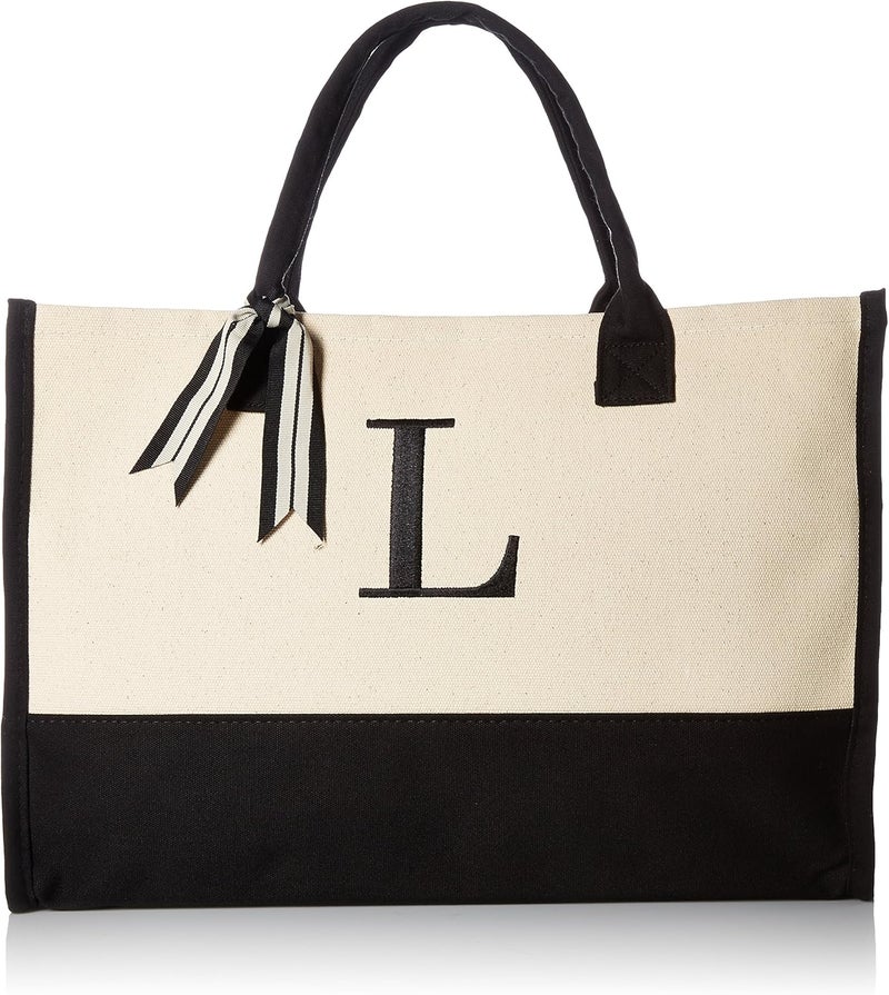 Mud Pie Classic Black and White Initial Canvas Tote Bag (Letter L) - 100% Cotton, 17" x 19" x 2" - Image 1