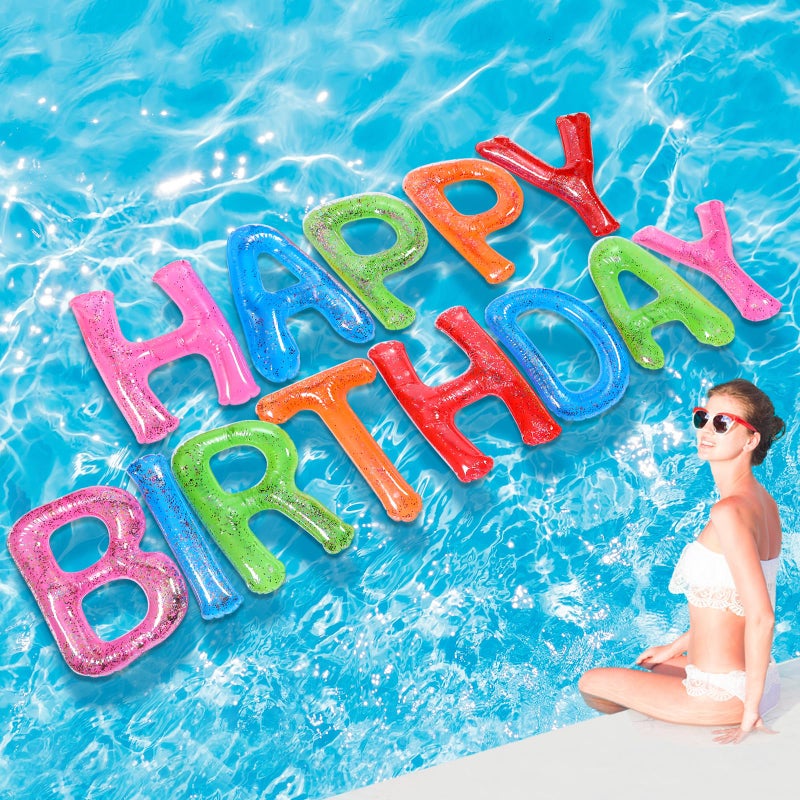 Shappy 20 Happy Birthday Pool Large Floating Letter Balloons with Adhesive Dots Inflatable Pool Decorations for Summer Birthday PartyMulticolor