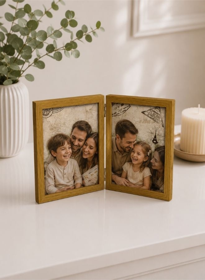Two-Fold Photo Frame: Versatile Display for Double the Memories (Four Photos)(Natural Wood) - Image 1