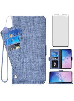 Compatible With Samsung Galaxy S10 Plus Wallet Case Tempered Glass Screen Protector And Flip Cover Card Holder Cell Phone Cases For Glaxay S10 Plus Galaxies S10Plus 10S Edge S 10 10Plus Cases Blue