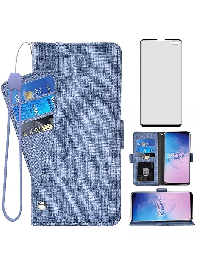 Asuwish - Compatible With Samsung Galaxy S10 Plus Wallet Case Tempered Glass Screen Protector And Flip Cover Card Holder Cell Phone Cases For Glaxay S10 Plus Galaxies S10Plus 10S Edge S 10 10Plus Cases Blue - Image 1