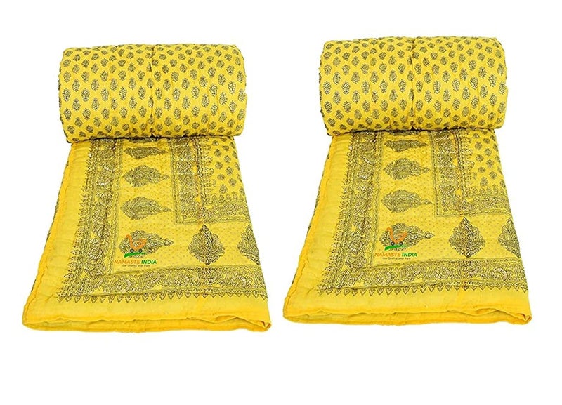LOARSHY لحاف لوارش Pure Cotton مزخرف بالأزهار | خفيف ودافئ من جايبور راجستان | لحاف ناعم لفصل الشتاء | هدية جميلة (أصفر، عبوة من 2) - Image 1