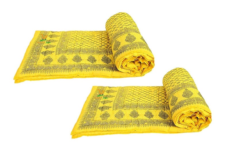 LOARSHY لحاف لوارش Pure Cotton مزخرف بالأزهار | خفيف ودافئ من جايبور راجستان | لحاف ناعم لفصل الشتاء | هدية جميلة (أصفر، عبوة من 2) - Image 2