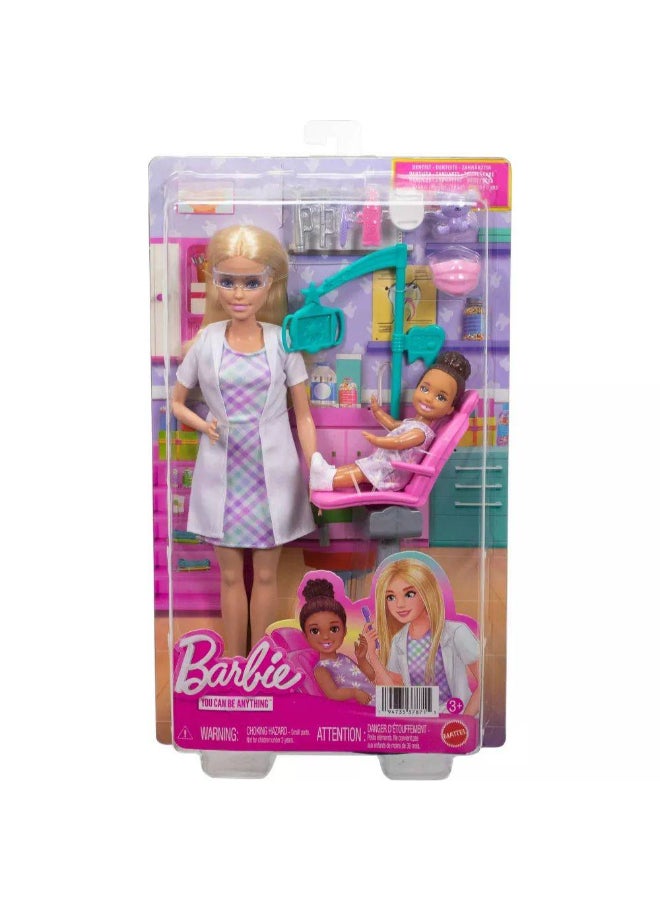 Barbie مجموعة لعب باربي يمكنك أن تكون أي شيء طبيب أسنان مع دمية أزياء بشعر أشقر (8 ملحقات) - Image 1