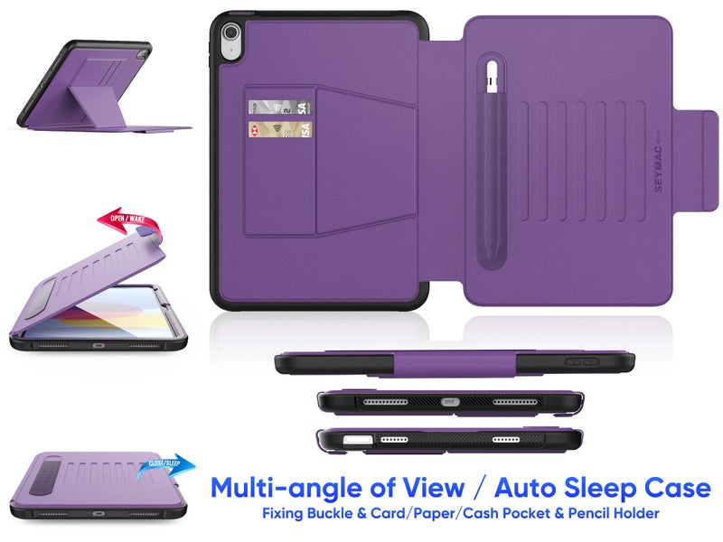 SEYMAC stock حافظة SEYMAC لجهاز iPad (A16) الجيل 11/10 11''/10.9''، حافظة قوية مغناطيسية مع خاصية النوم التلقائي ومضادة للصدمات مع حامل زوايا متعددة، حامل قلم، فتحة بطاقة (بنفسجي) - Image 3