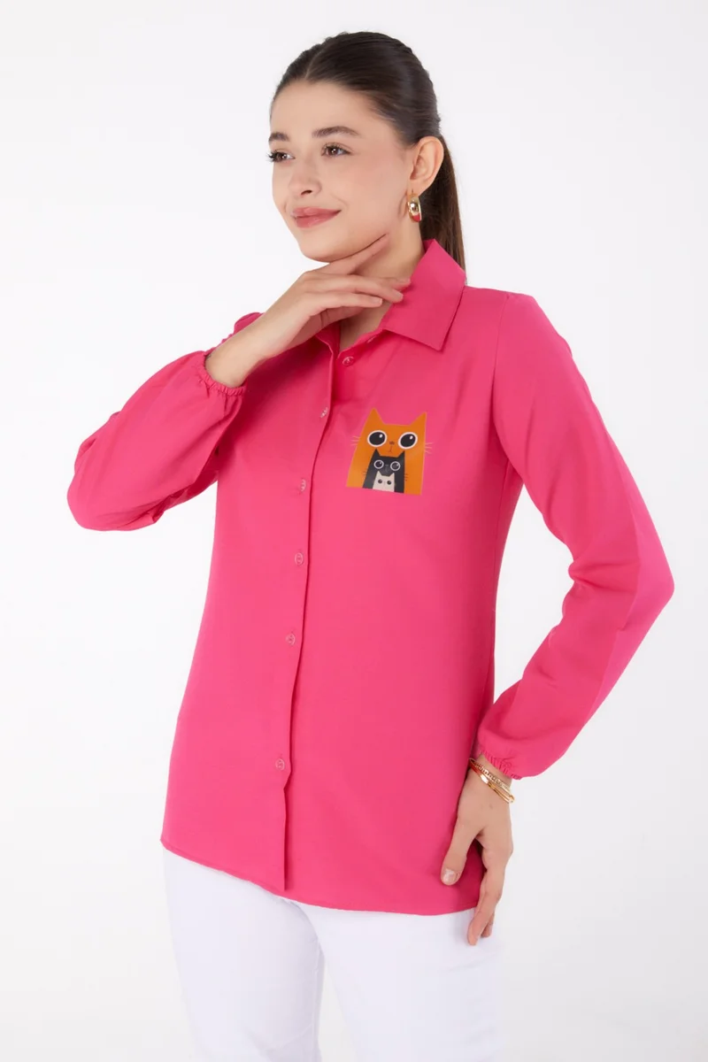 Tofisa Plain Shirt Collar Women's Fuchsia Printed Shirt - 13345