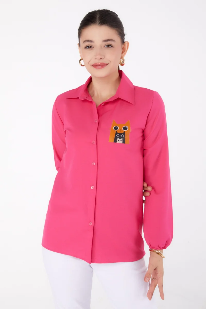 Tofisa Plain Shirt Collar Women's Fuchsia Printed Shirt - 13345