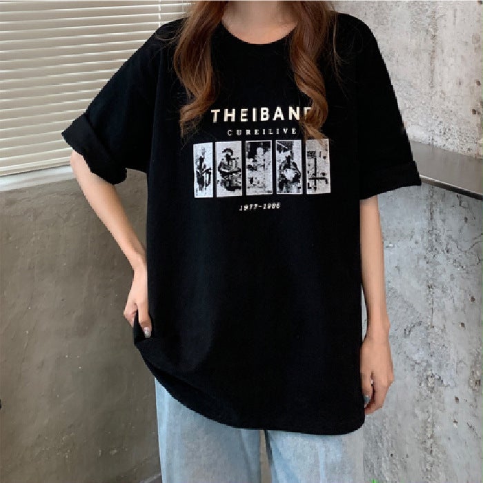 2025 Summer New Arrival Slim-fit Printed Black Short-sleeved T-shirt Women's Loose Crewneck T-shirt Mid-length Top Ins