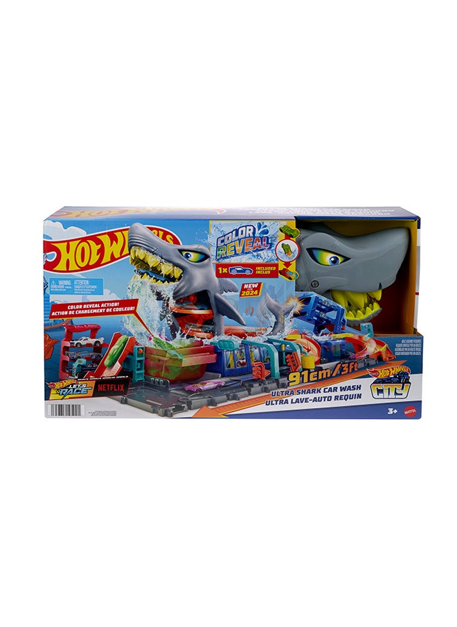 Hot Wheels - City Toy Car Track Set, Ultra Shark Car Wash With 1:64 Scale Color Reveal Toy Car, Repeat Color-Change Feature, Storage - Image 1