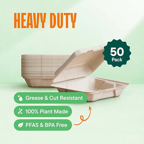 Stack Man 100% Compostable Clamshell Take Out Food Containers [8X8" 50-Pack] Heavy-Duty Quality to go Containers, Natural Disposable Bagasse, Eco-Friendly Biodegradable Made of Sugar Cane Fibers - Image 2