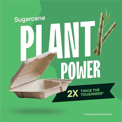 Stack Man 100% Compostable Clamshell Take Out Food Containers [8X8" 50-Pack] Heavy-Duty Quality to go Containers, Natural Disposable Bagasse, Eco-Friendly Biodegradable Made of Sugar Cane Fibers - Image 4