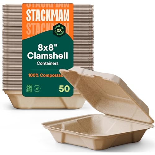 Stack Man 100% Compostable Clamshell Take Out Food Containers [8X8" 50-Pack] Heavy-Duty Quality to go Containers, Natural Disposable Bagasse, Eco-Friendly Biodegradable Made of Sugar Cane Fibers - Image 1