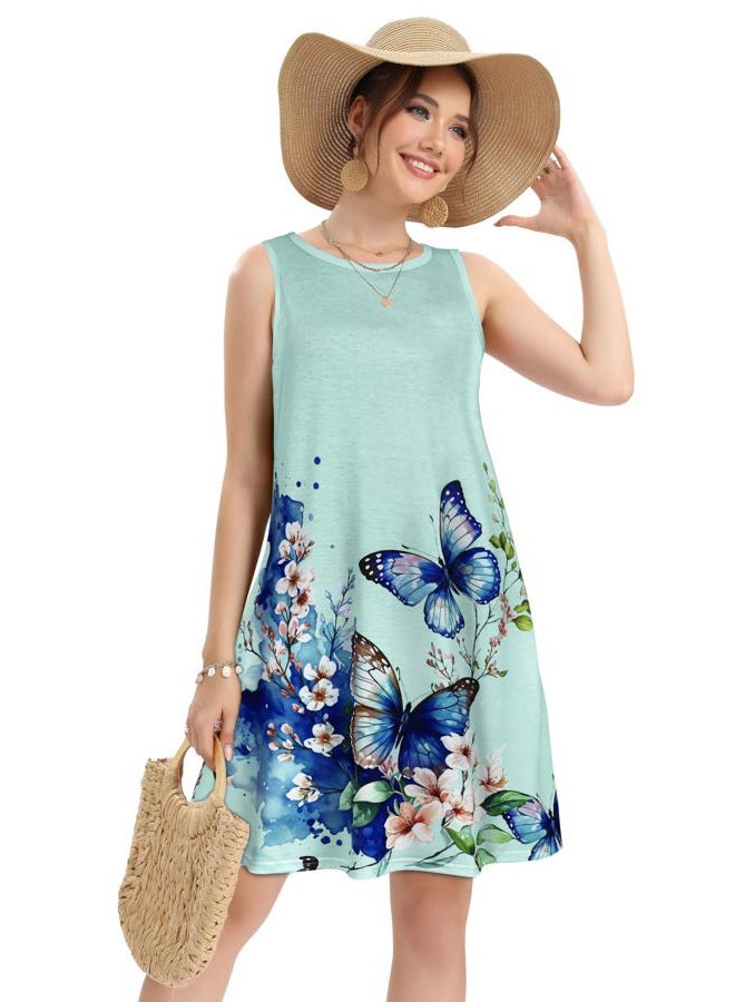 elescat Women's Summer Dresses 2025 Beach Casual Sleeveless Floral Print Tank Loose Sundress with Pocket, Blue Butterfly Flower, L - Image 4