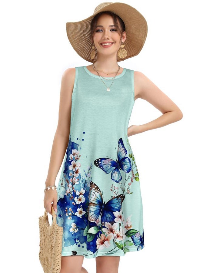 elescat Women's Summer Dresses 2025 Beach Casual Sleeveless Floral Print Tank Loose Sundress with Pocket, Blue Butterfly Flower, L - Image 3