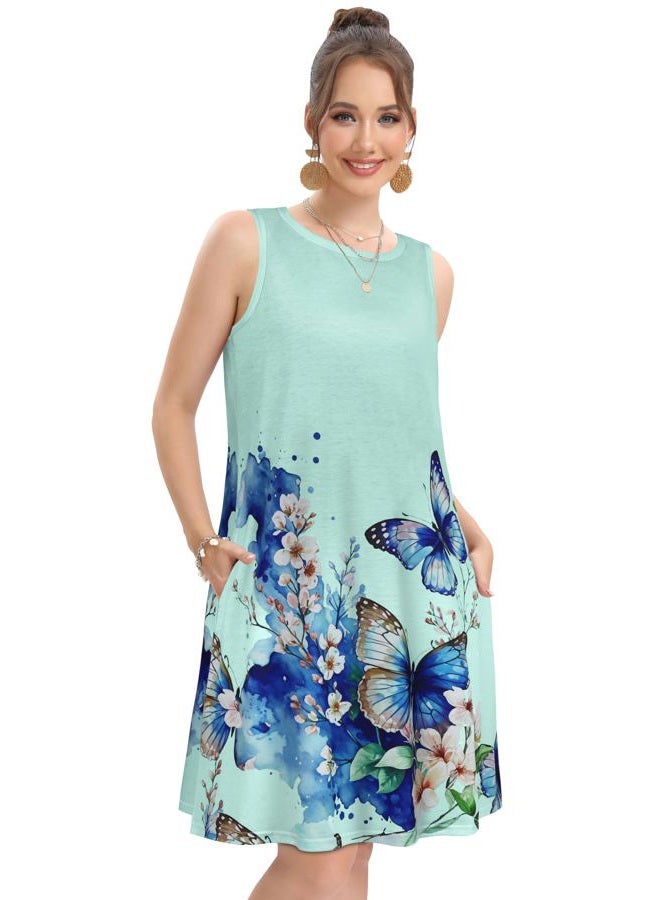elescat Women's Summer Dresses 2025 Beach Casual Sleeveless Floral Print Tank Loose Sundress with Pocket, Blue Butterfly Flower, L - Image 2
