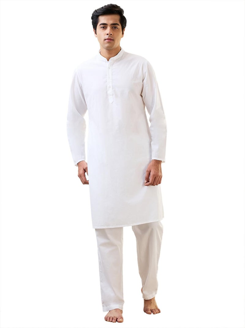 Raymond SleepZ Men Comfort Fit Solid Pattern Pure Cotton Mandrin Collar Kurta White - Image 1