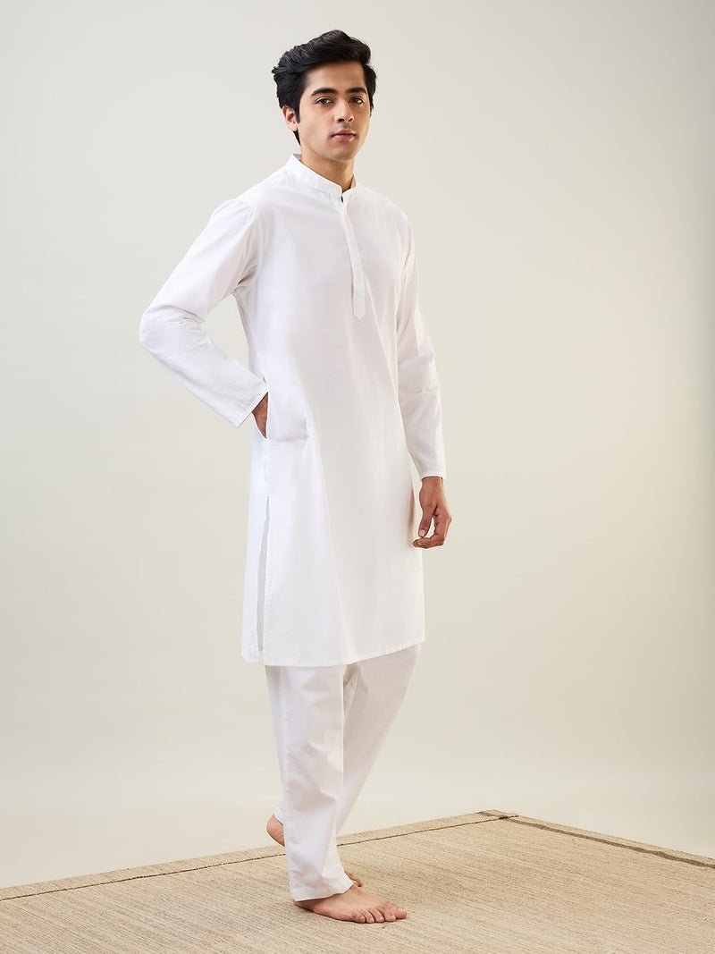 Raymond SleepZ Men Comfort Fit Solid Pattern Pure Cotton Mandrin Collar Kurta White - Image 3