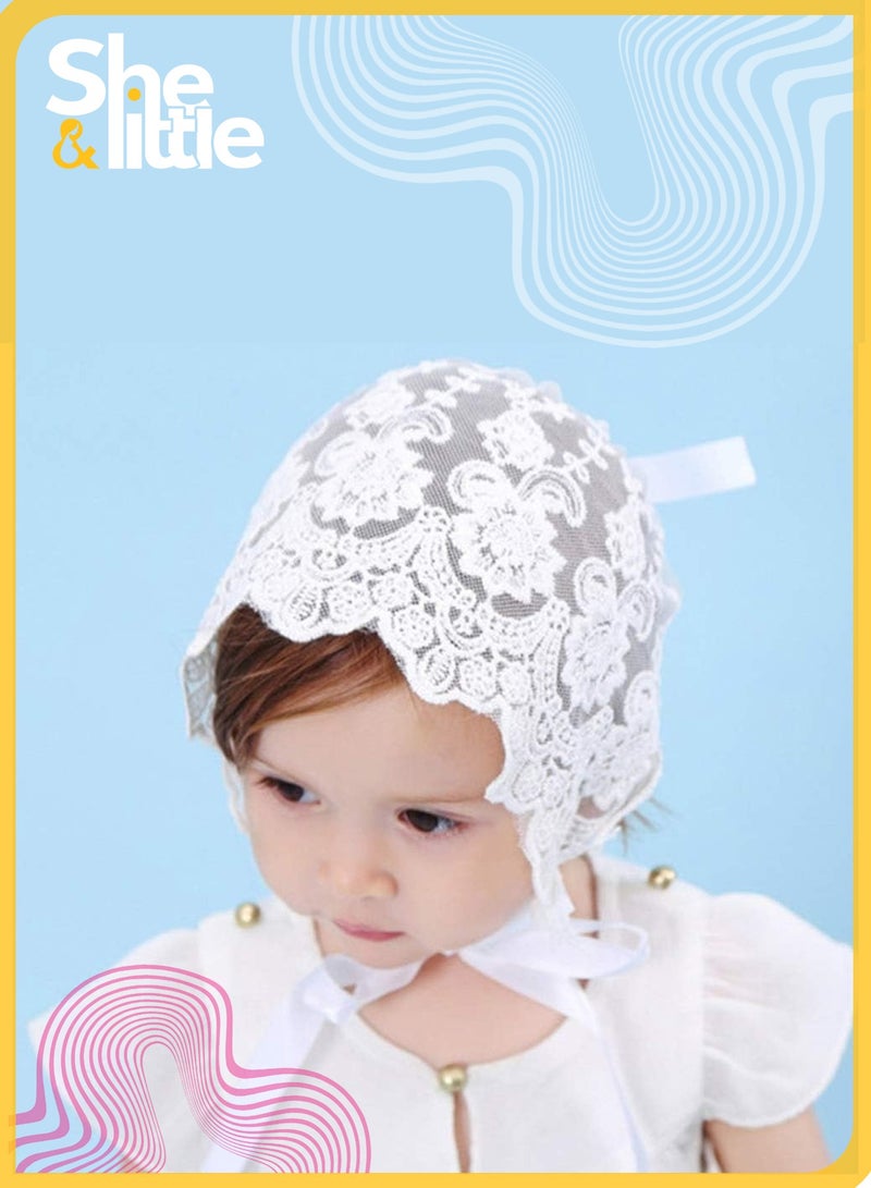 She&Little Baby Girl Cotton Lace Bonnet, Eyelet Christening Hat for Infant 0–9 Months, Handmade Sun Hat with Adjustable Fit and Wide Brim (White) - Image 1