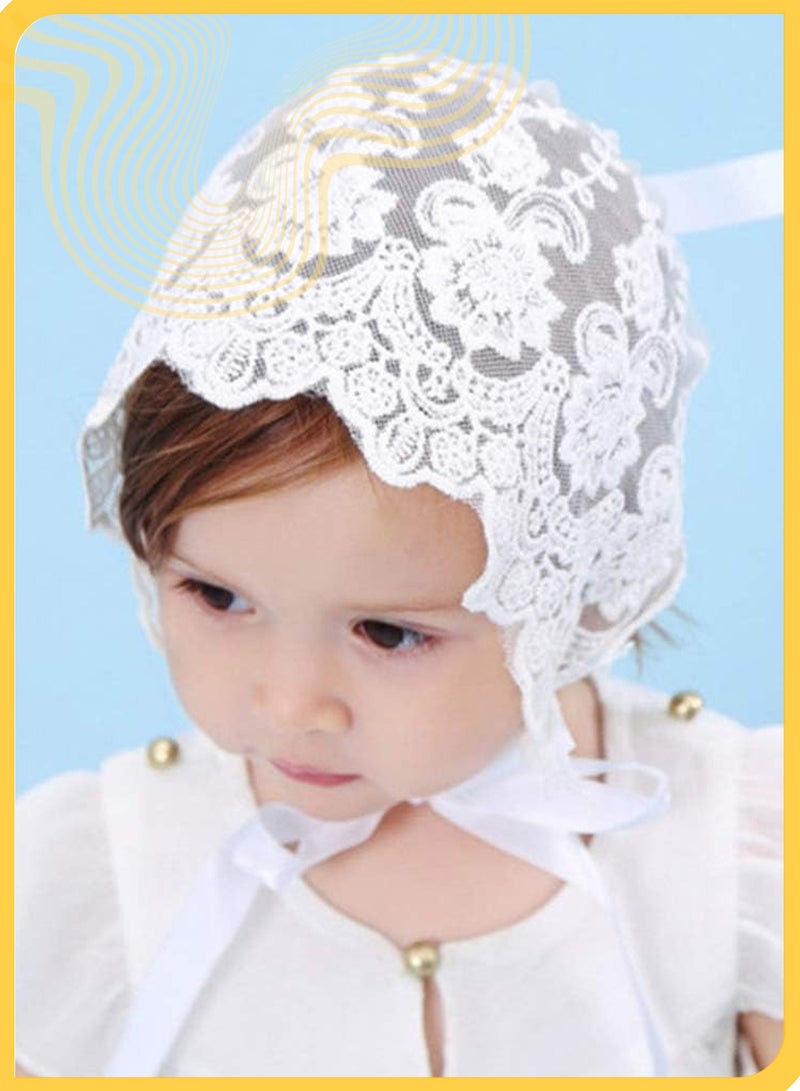 She&Little Baby Girl Cotton Lace Bonnet, Eyelet Christening Hat for Infant 0–9 Months, Handmade Sun Hat with Adjustable Fit and Wide Brim (White) - Image 4