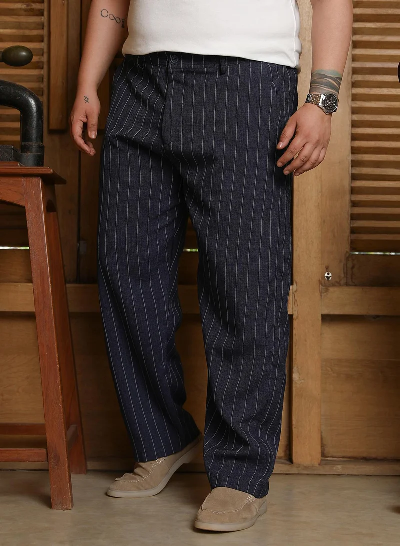 Instafab Plus  Men's Charcoal Black Pinstripe-Pleated Chino Trousers For Casual Wear | Mid-Rise | Straight Fit | Hook & Zip Closure | Plus Size Trousers Crafted With Comfort Fit For Everyday Wear for Men | Best Price UAE