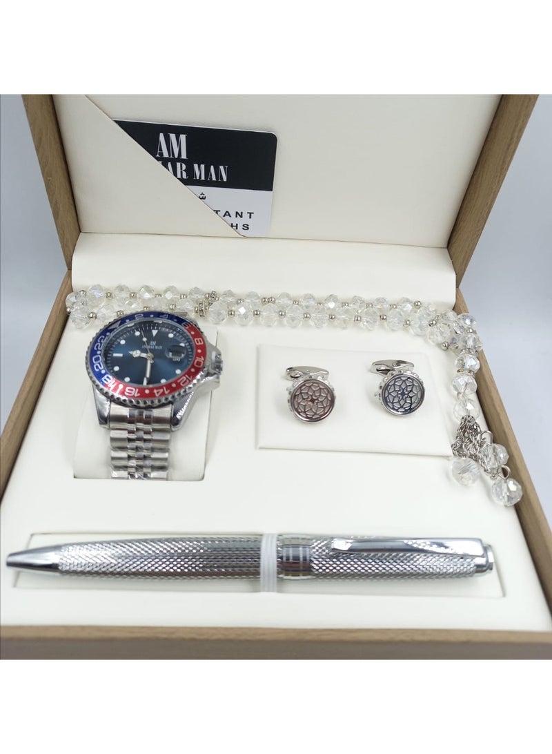 ANEMAR MAN High-quality Pepsi-shaped men's gift set including a watch, pen, prayer beads, cufflinks, and a silver bracelet with a blue dial.