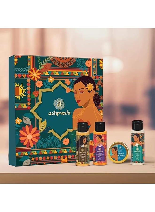 Ashpveda A Box To Nourish Gift Box | Ayurvedic Bath & Body Set with Body Wash30ml, Body Lotion30ml, Badam Oil 30ml& Hand Cream15g | Luxury Best Gift Combo for Men & Women - Image 1