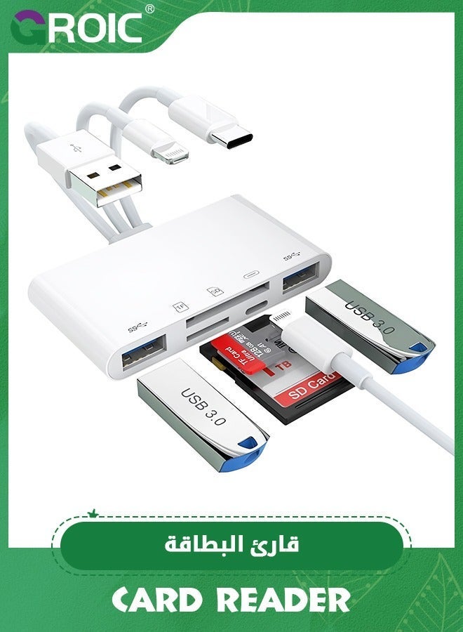GROIC 5-in-1 Memory Card Reader, iPhone/iPad USB OTG White Adapter & SD C and A Devices with Micro Slots, SDHC/SDXC/MMC, Plug Play for iOS Android  - Image 1