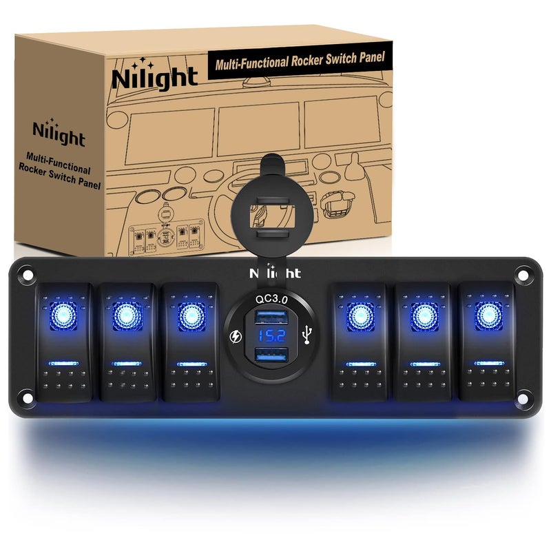Nilight 6 Gang Rocker Switch 12V SPST ON Off Switch QC 30 USB Charger Voltmeter Waterproof Aluminum Rocker Switch Panel Night Glow Stickers for Boats Cars RVs Trucks 2 Years WarrantyBlue - Image 2