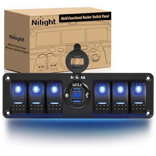 Nilight 6 Gang Rocker Switch 12V SPST ON Off Switch QC 30 USB Charger Voltmeter Waterproof Aluminum Rocker Switch Panel Night Glow Stickers for Boats Cars RVs Trucks 2 Years WarrantyBlue - Image 1