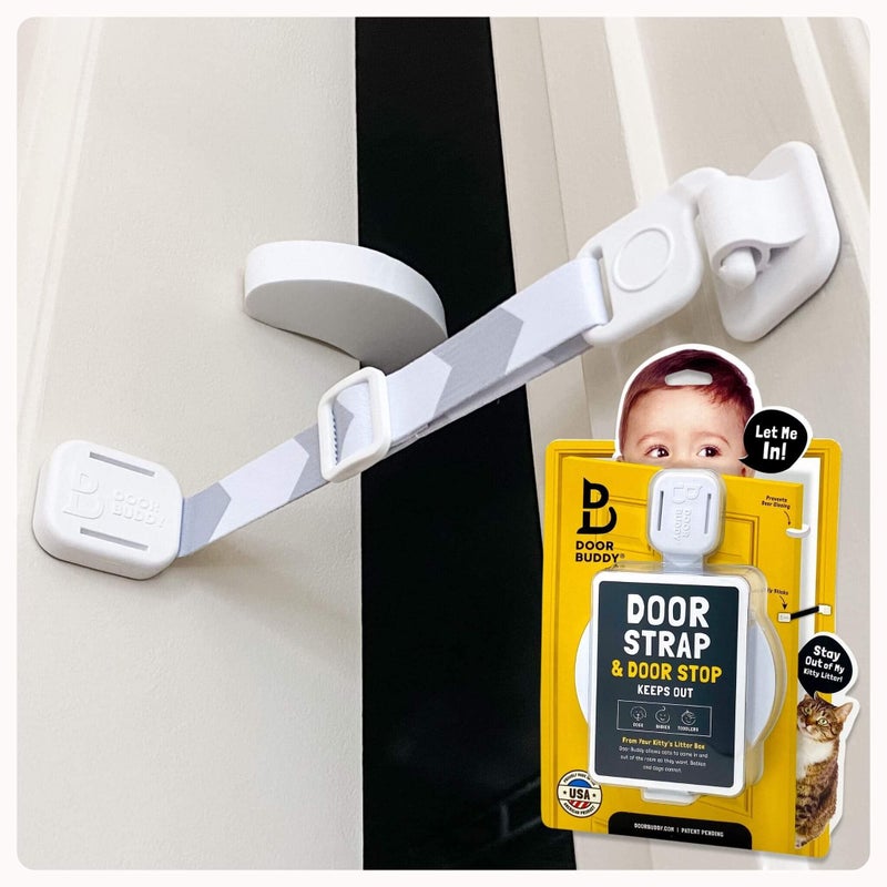 Door Buddy Door Buddy Child Proof Door Lock Cat Door Stopper Adjustable Door Strap Latch to Baby Proof Door Keep Toddler out of Cat Food Litter Box Easy Pet Baby Gate with Cat Door Interior Alternative 