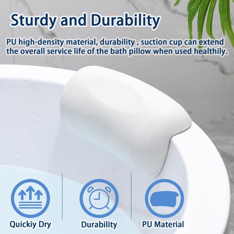 Bath Pillow For Tub: 9.84x5.12In White Polyurethane - Ergonomic Head Neck Support Waterproof Quick-Dry Easy Clean With 2 Strong Suction Cups For Home Spa Relaxation Bath Lovers - Image 4