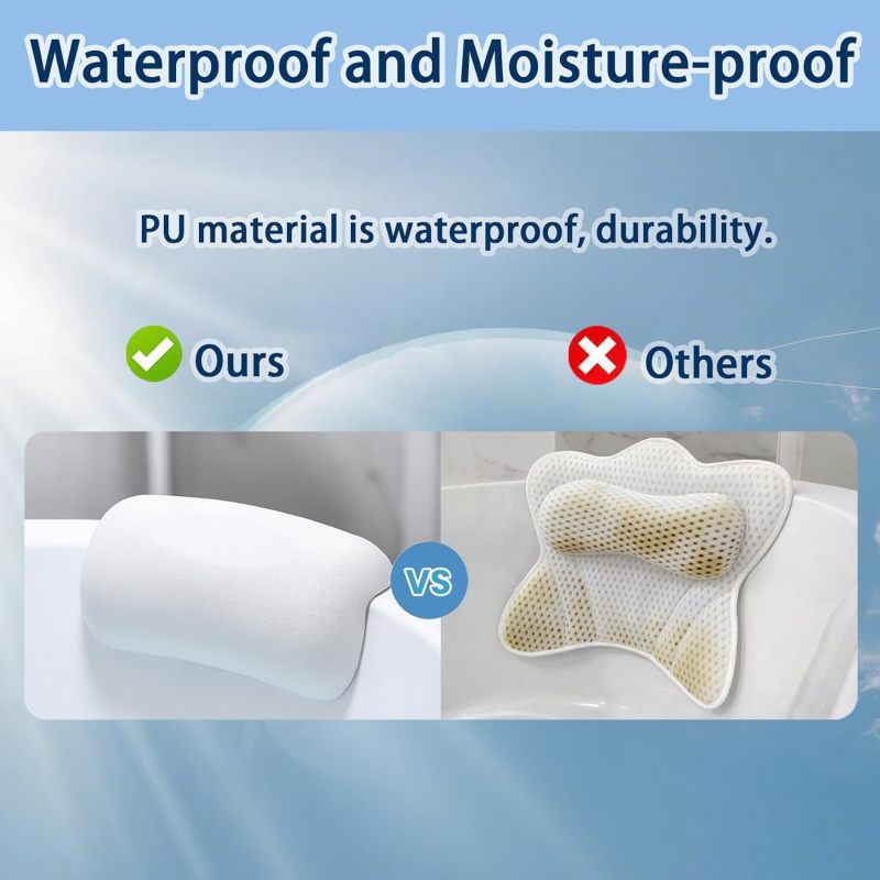 Bath Pillow For Tub: 9.84x5.12In White Polyurethane - Ergonomic Head Neck Support Waterproof Quick-Dry Easy Clean With 2 Strong Suction Cups For Home Spa Relaxation Bath Lovers - Image 5
