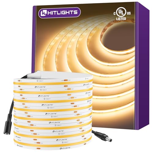 HitLights COB LED Strip Lights Warm White 3000K, 16.4ft Premium High Density 24V Tape Light, 2560 LEDs, 350+ LM/FT, CRI 90+, IP30, Lighting for Kitchen, Cabinets, UL Listed (Power Source Not Included) - Image 1